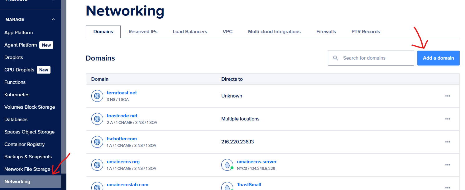 DigitalOcean domains page