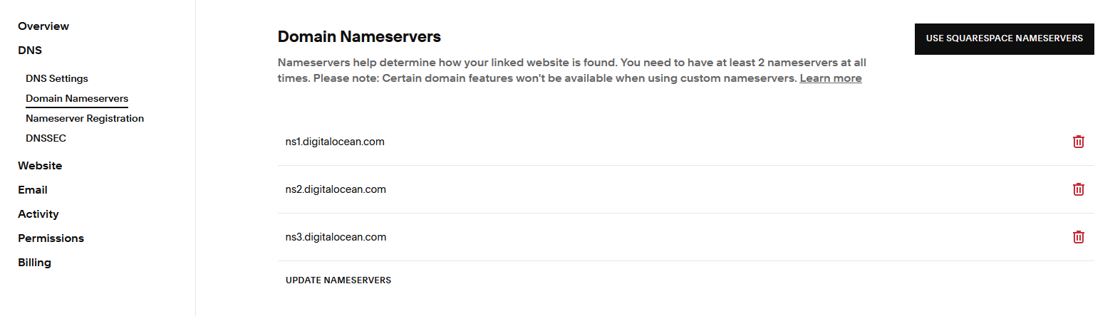 Setting nameservers to DigitalOcean
