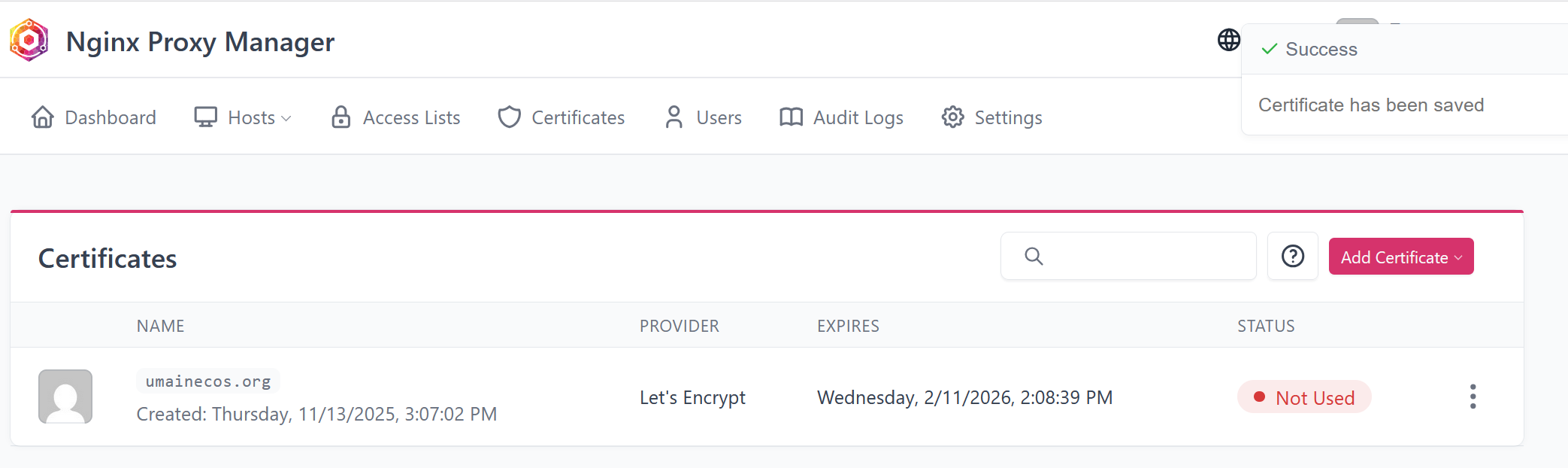 Certificate created